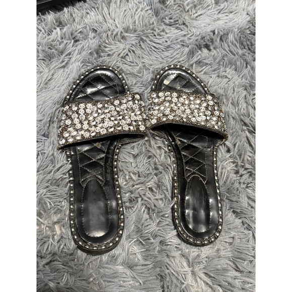 Unbranded Shoes - Rhinestone Slide Sandals Womens 9 Black Silver Quilted Studded Festival Bling